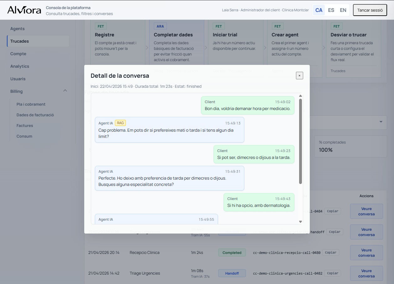 Conversation screen with the transcript and context of a handled call.